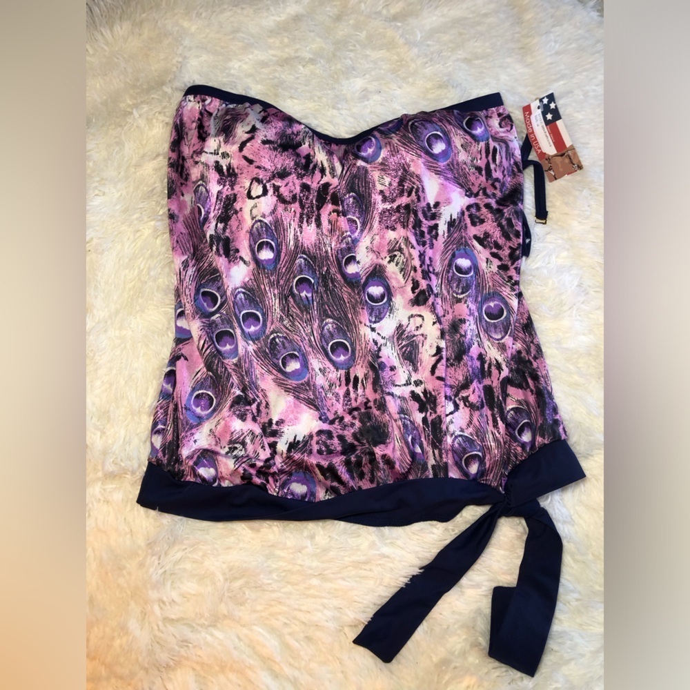 Women's Purple and Black Peacock Feather detail Swim Top size 10 NWT